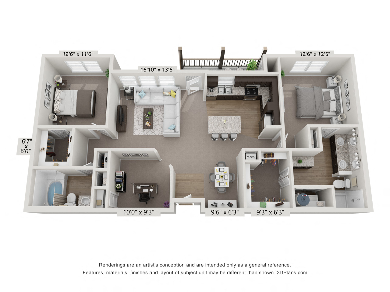 Floor plan for 2 beds, 2 baths, 1294 sqft